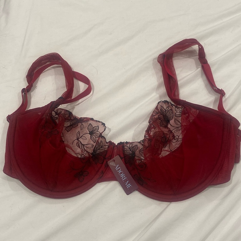 Maroon ish red sheer bra in the size 34DD. Cute sheer fabric on the straps.